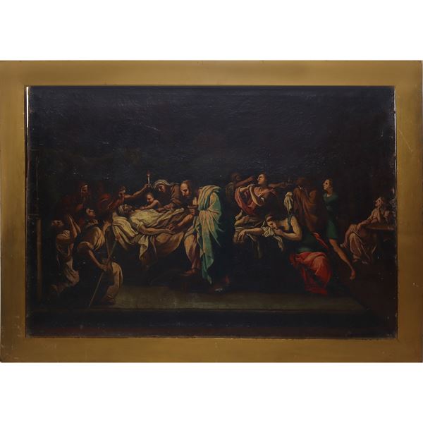 Transit of Saint Joseph with Madonna and baby Jesus and characters