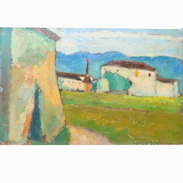 Renzo Agostini - Paesaggio con case e colline