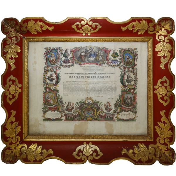 Tray frame with burgundy base, decorated with floral motifs on the side and gold leaves