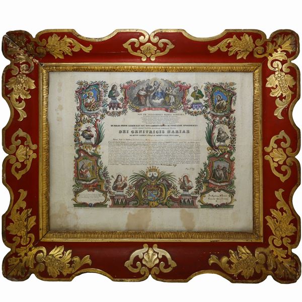 Tray frame with burgundy base, decorated with floral motifs on the side and gold leaves