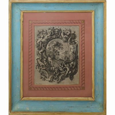 Putti grottesche e fauni con paesaggio centrale, incisione all'acquaforte Barocca