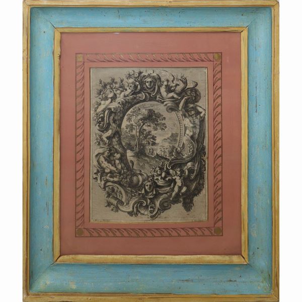 Jean  Le Pautre - Putti grottesche e fauni racchiudente al centro paesaggio con personaggi in cornice di legno laccato