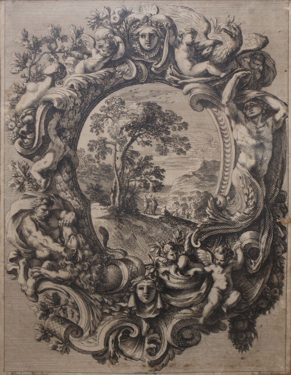Jean le Pautre - Putti Grottesche e Fauni Racchiudente al Centro Paesaggio con Personaggi in Corn...