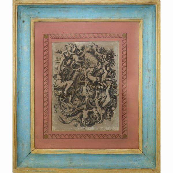 Jean  Le Pautre - Putti, fauni e ghirlande di fiori e di frutta in cornice di legno laccato