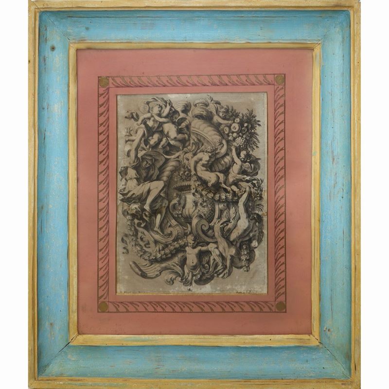 Jean le Pautre - Putti, Fauni e Ghirlande di Fiori e di Frutta in Cornice di Legno Laccato