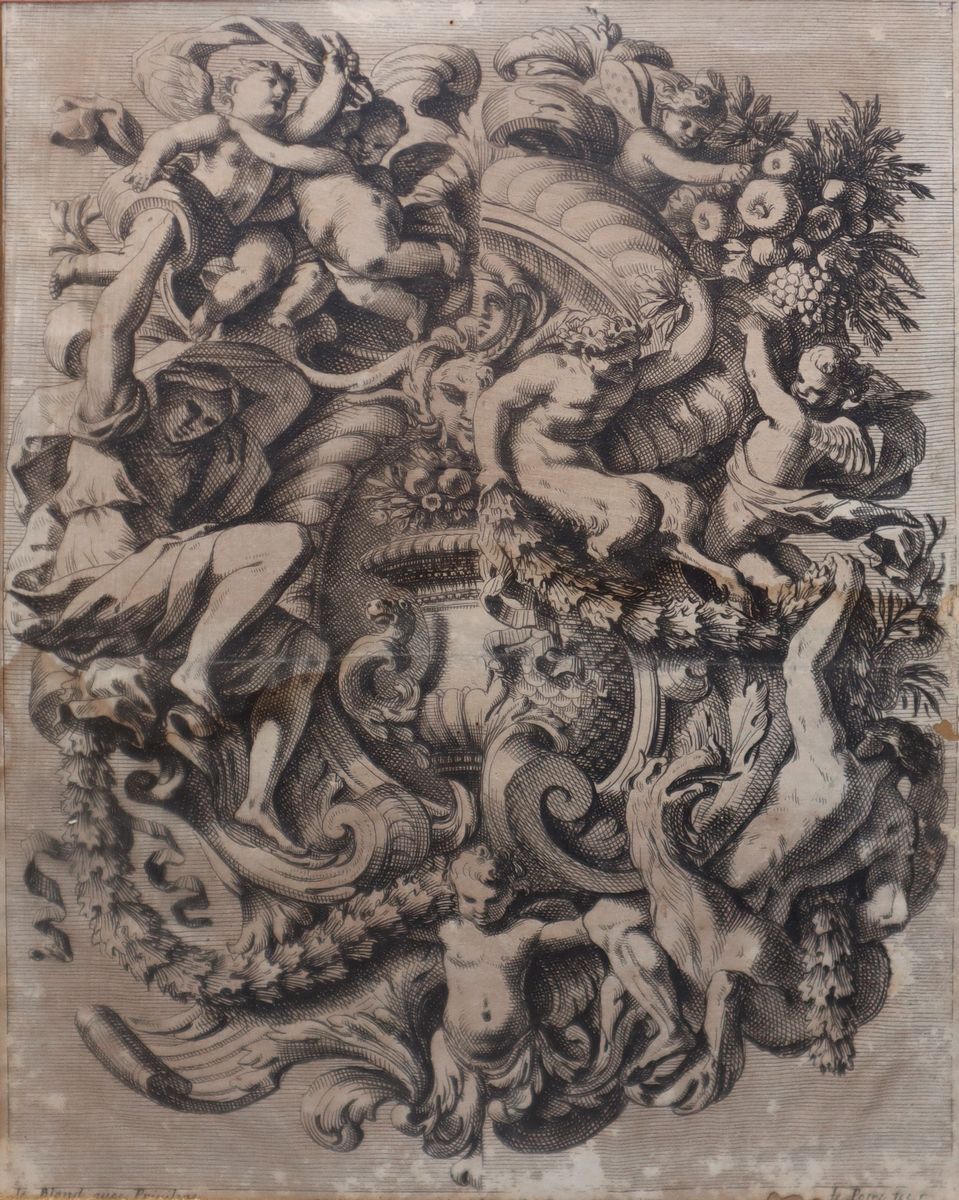Jean le Pautre - Putti, Fauni e Ghirlande di Fiori e di Frutta in Cornice di Legno Laccato