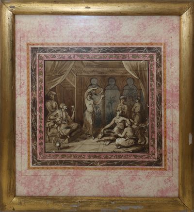 Interno di Harem con Donne in Cornice di Legno Dorato