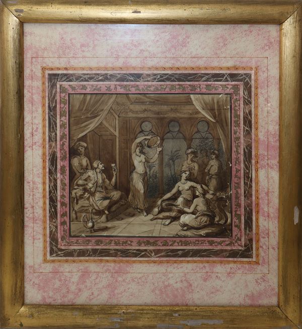 Interno di harem con donne in cornice di legno dorato