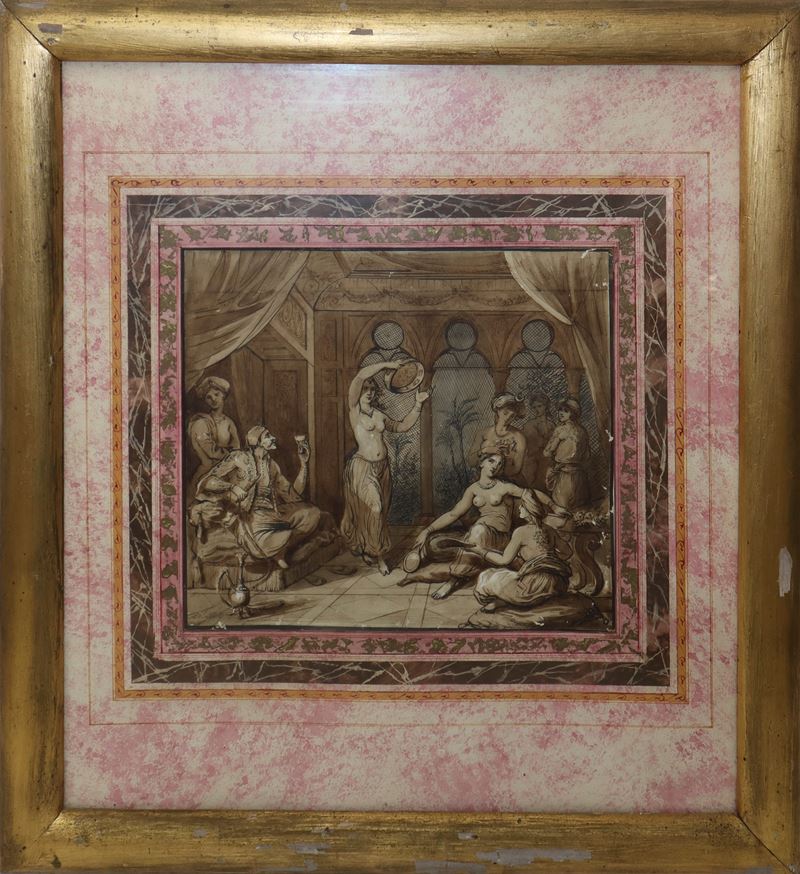 Interno di Harem con Donne in Cornice di Legno Dorato