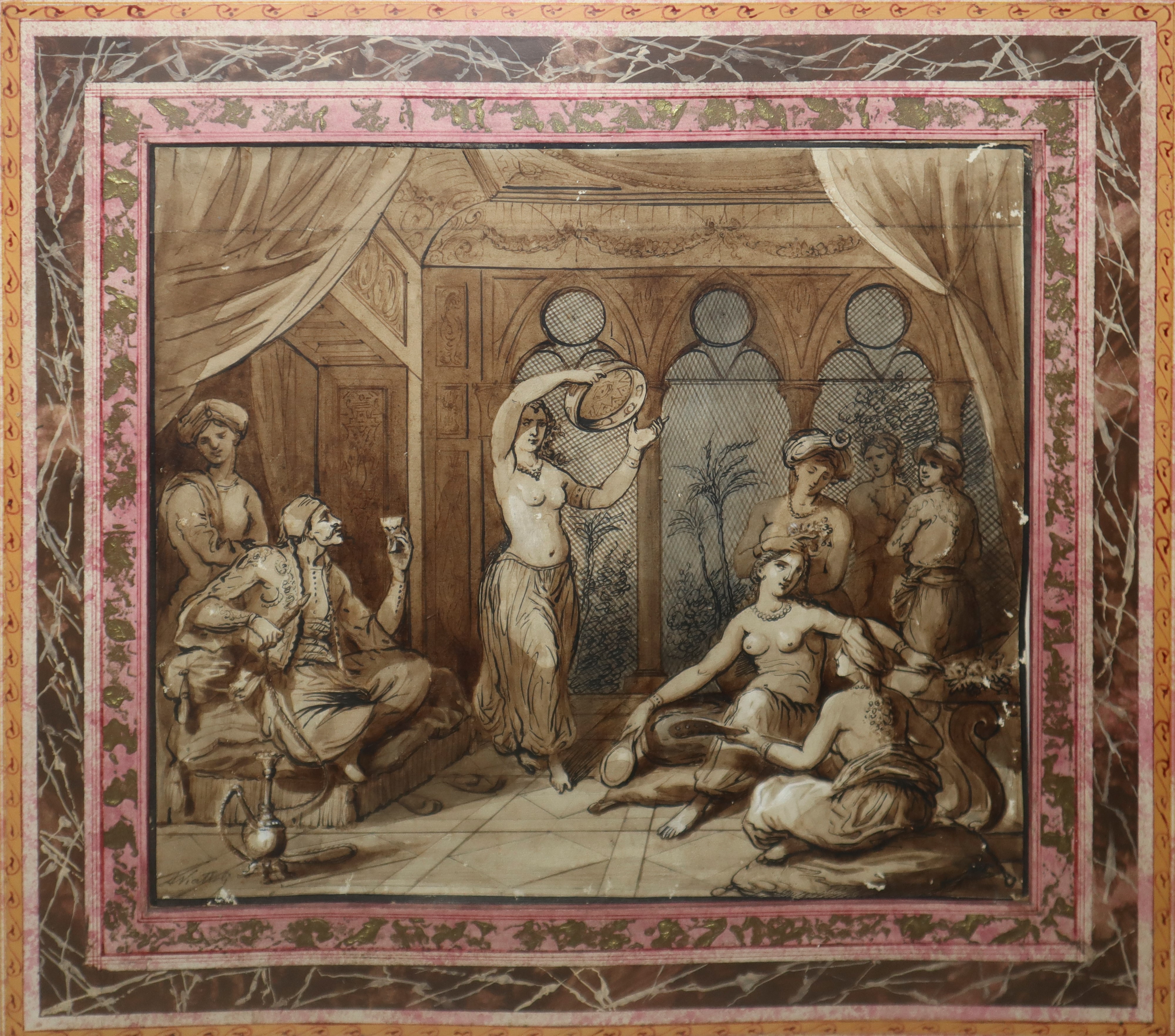Interno di Harem con Donne in Cornice di Legno Dorato