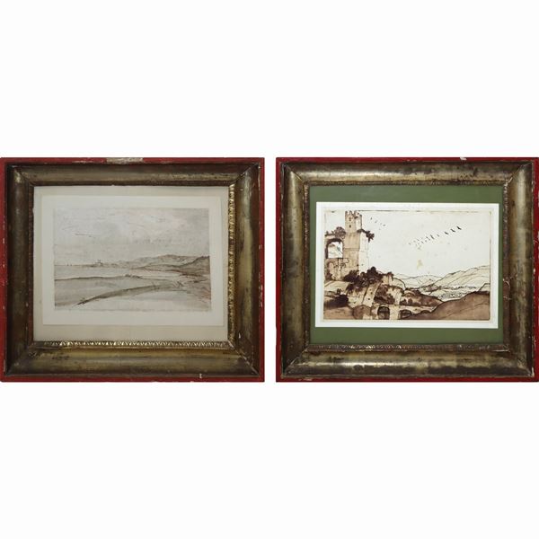 Pair of frames with half-barrel prints in silver and mixture