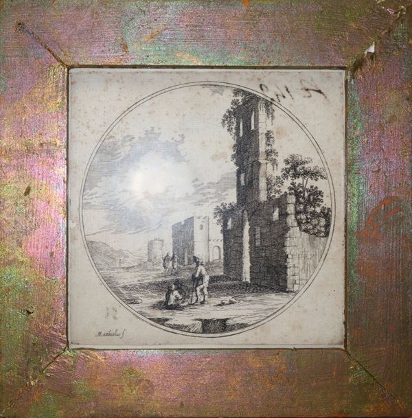 Ludovico  Mattioli - Paesaggio con ruderi e personaggi