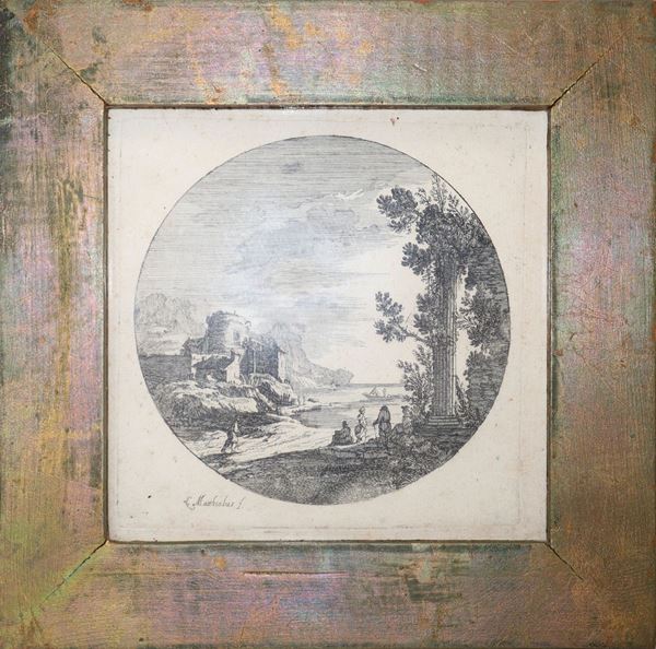 Ludovico  Mattioli - Paesaggio con ruderi, personaggi in riva al mare