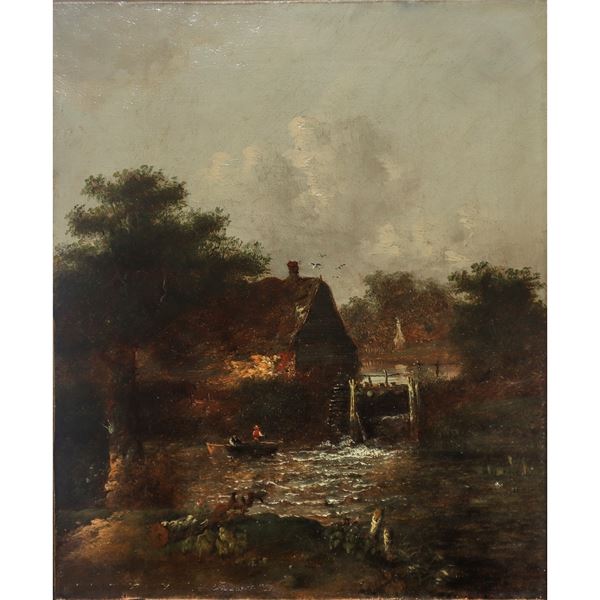 Landscape with house, boat and characters