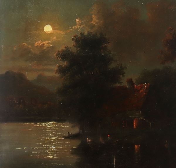 Night landscape with house, boat and characters