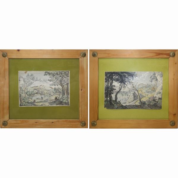 Pair of engravings depicting a bucolic landscape with characters, trees and houses