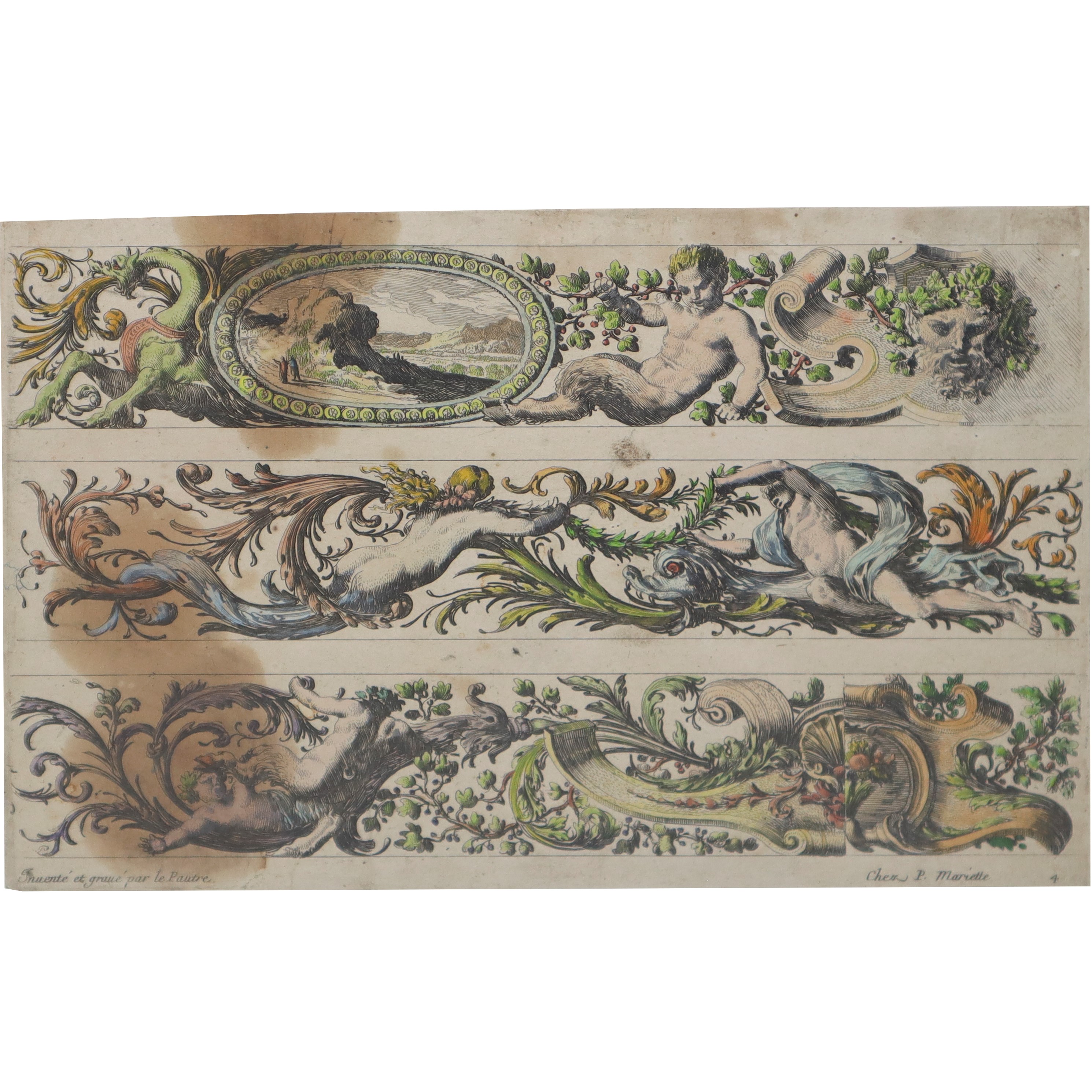 Jean le Pautre - Coppia di Incisioni Raffiguranti Festoni con Putti, Fiori, Delfini