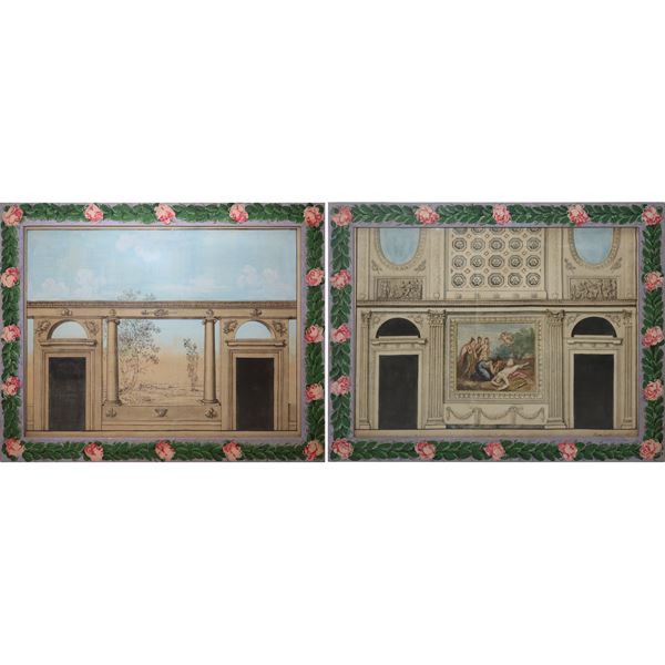 Pair of watercolors depicting: interior with paintings of scenes between Venus and Adonis and external elevation with columns and landscapes in depth