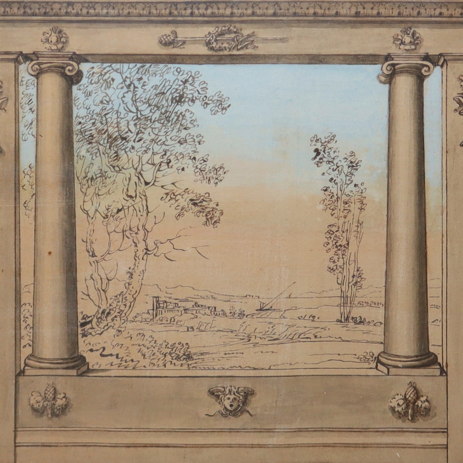 Coppia di Acquarelli Raffiguranti: Interno con Dipinti di Scene tra Venere e Adone e Prospetto Es...