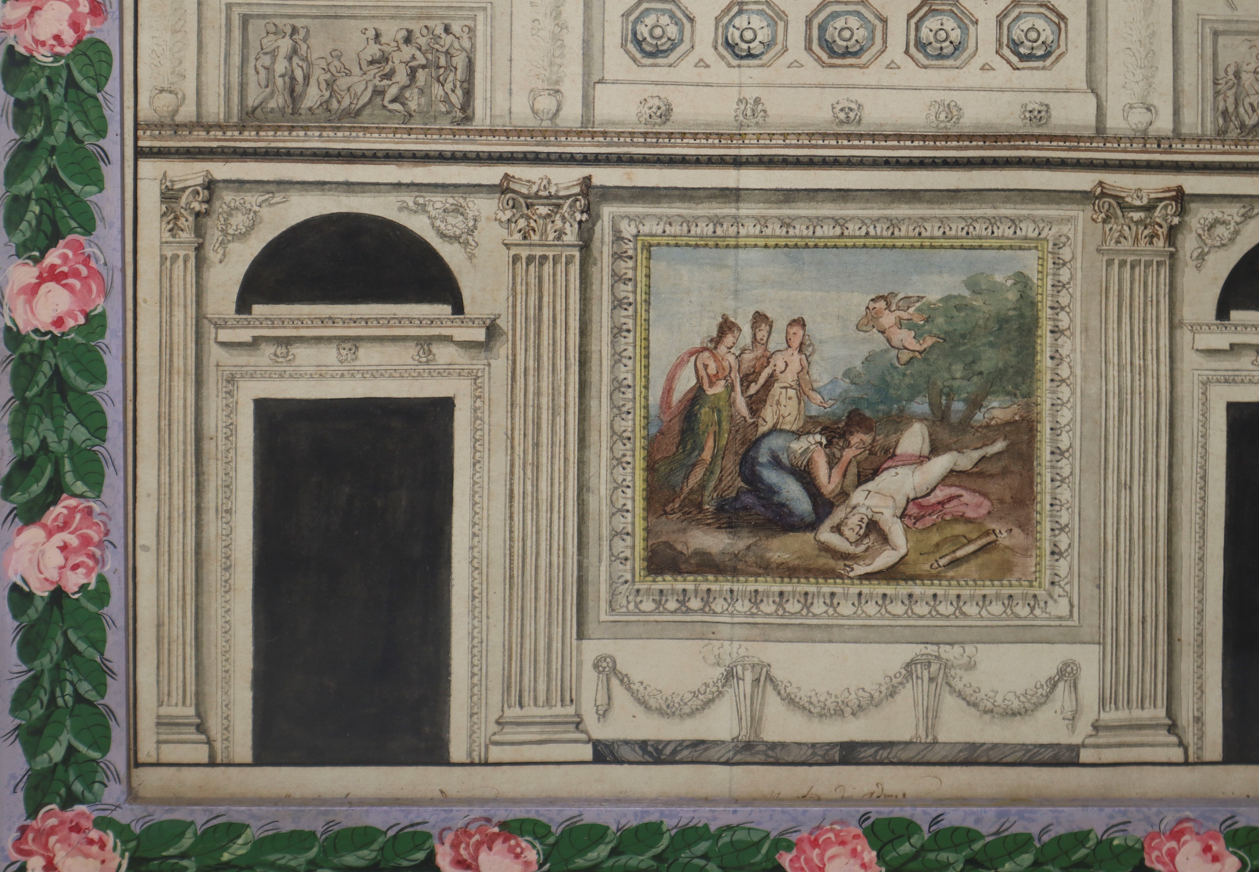 Coppia di Acquarelli Raffiguranti: Interno con Dipinti di Scene tra Venere e Adone e Prospetto Es...