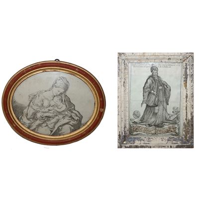 N°2 Incisioni, la Grandezza del Gigante Comparso nel Carnevale del 1750 e Ovale Madonna con Bambi...