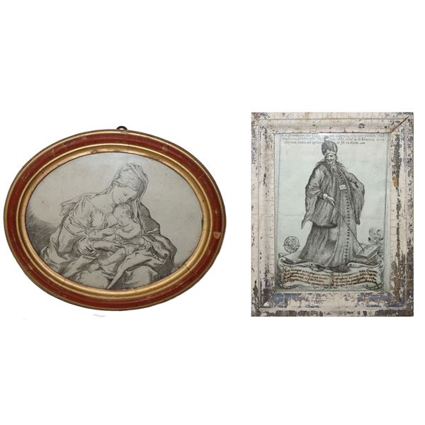 N°2 engravings, The greatness of the giant who appeared in the carnival of 1750 and oval Madonna with child