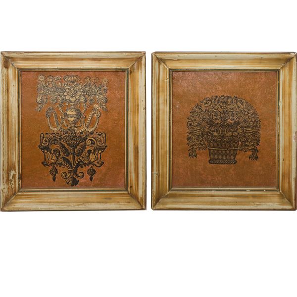 Pair of squares with engravings cut out and applied to cardboard