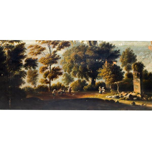 Landscape with trees, ruins and farmers