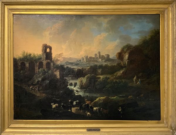 Johann Heinrich Roos (Otterberg, September 29, 1631 - Frankfurt am Main, October 3, 1685), Oil paintinging on canvas depicting the landscape with ruins, waterfalls and flock. signed on the lower right corner J. Roos. Cm 90,5x129,5, in frame cm 116x153. "His family emigrated to Amsterdam because of the Thirty Years War in 1640. He was a pupil of Guilliam du Gardijn, Cornelis de Bie and Barent Graat, but the landscape painters Nicolaes Berchem and Karel Dujardin had the greatest influence on him
