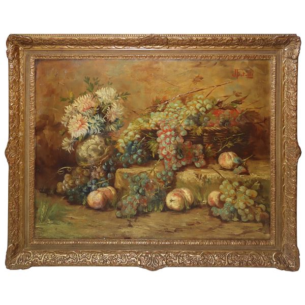 Natura morta con uva e frutti - Cm 80x100, in cornice cm 101x121,5 - Asta  Dipinti d'eccezione e Antiquariato - Casa d'aste La Rosa