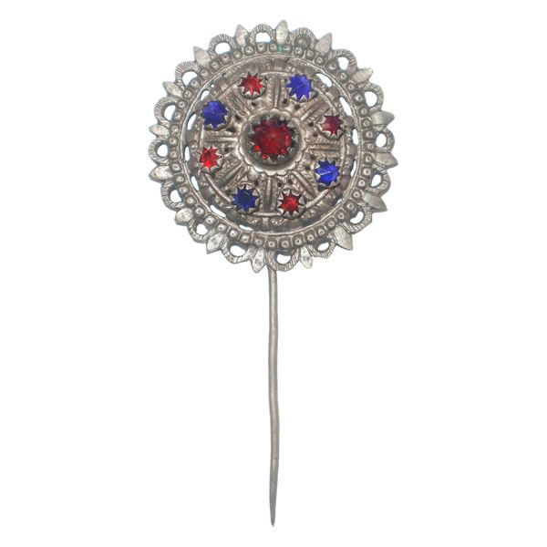 Scarf pin with red and blue stones