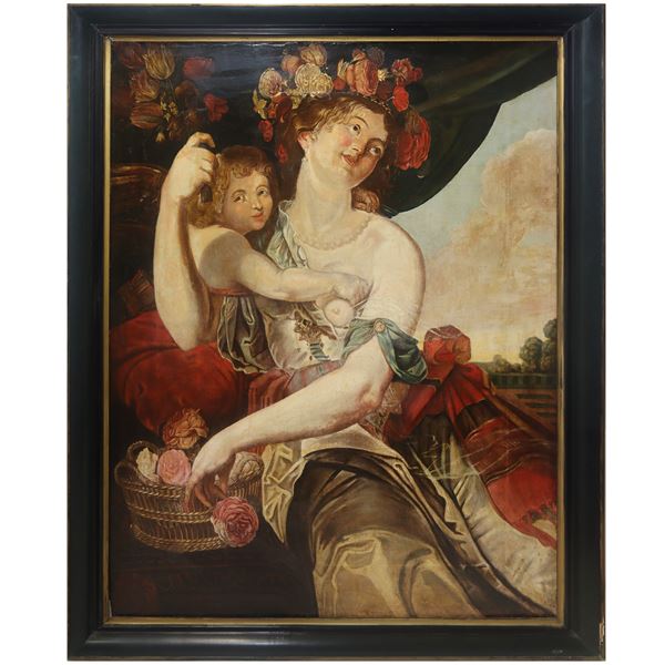 Woman with flower crown and putto.