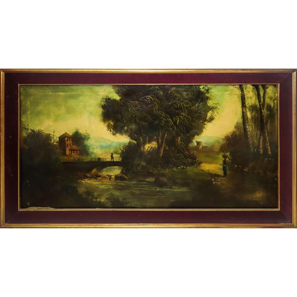 Paesaggio con ponte su fiume, alberi e personaggi