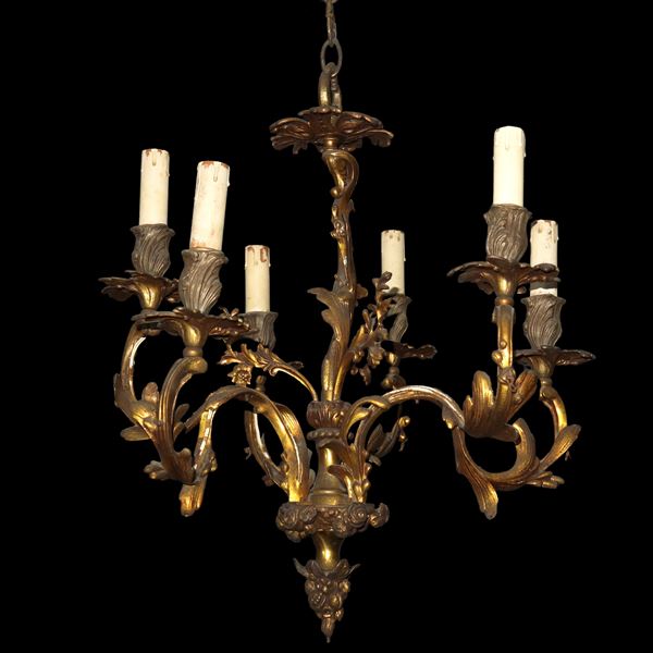 6-light chandelier, golden brass structure.