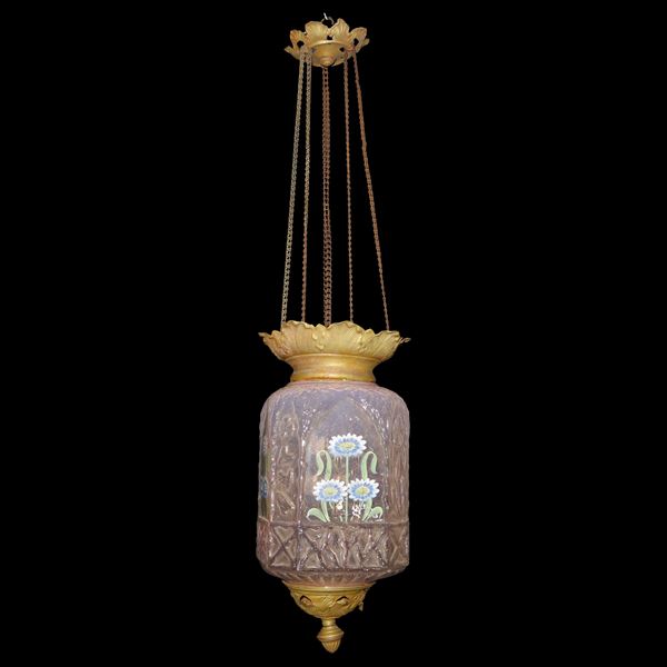 Pink Murano glass suspension with hand-painted floral enamels