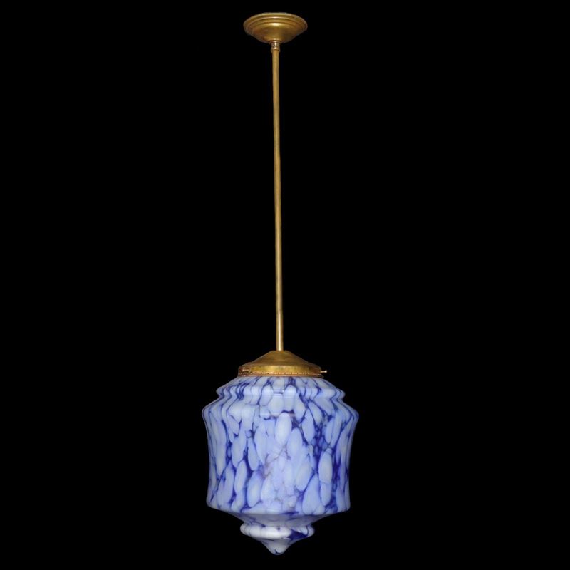 Lampadario Monoluce in Vetro di Murano Marmorizzato Blu e Bianco