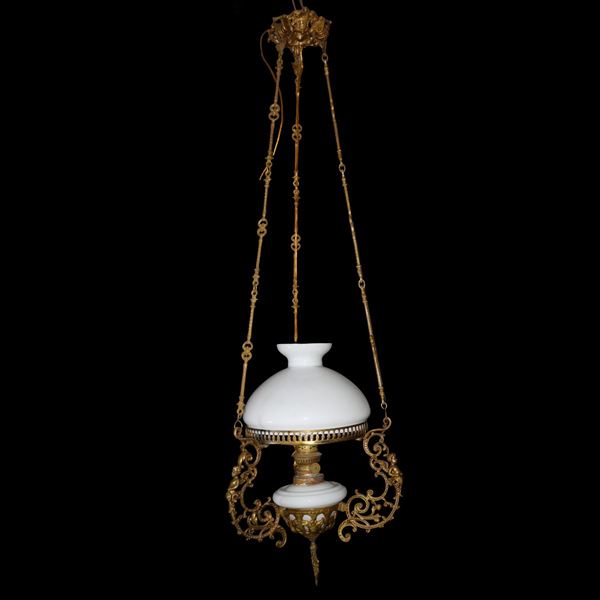 Petroleum pendant lamp in metal and white opaline.