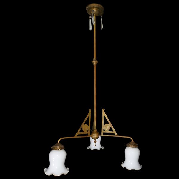 12 Decò three-light chandelier with white opaline tulip glass