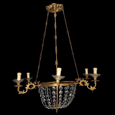 Lampadario a 5 Luci in Metallo Dorato con Brindoli