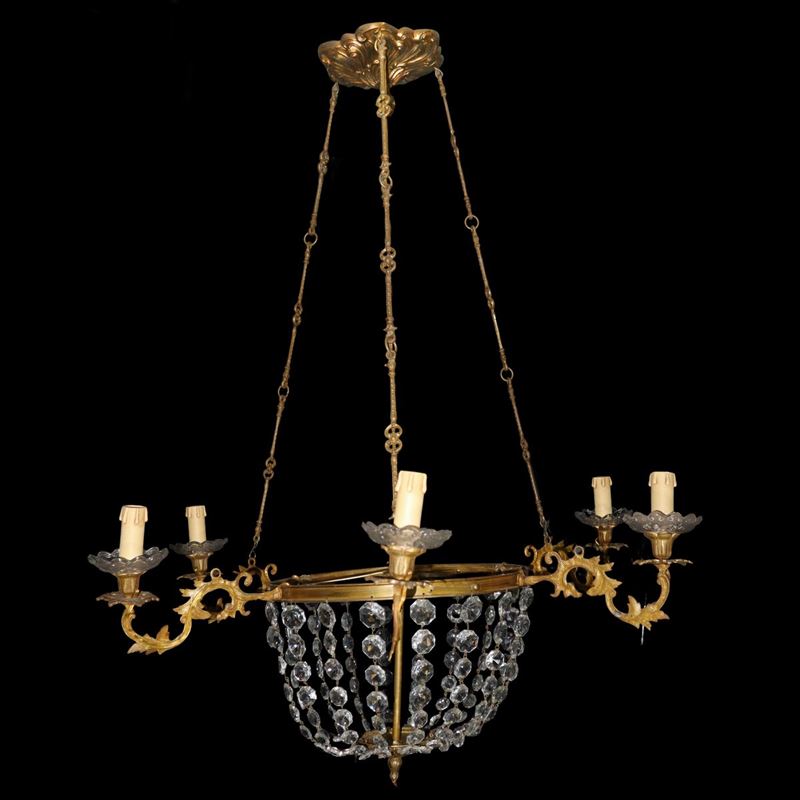 Lampadario a 5 Luci in Metallo Dorato con Brindoli