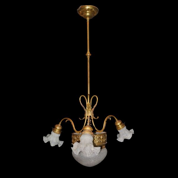 Chandelier with 4 lights in tulip glass and central cup