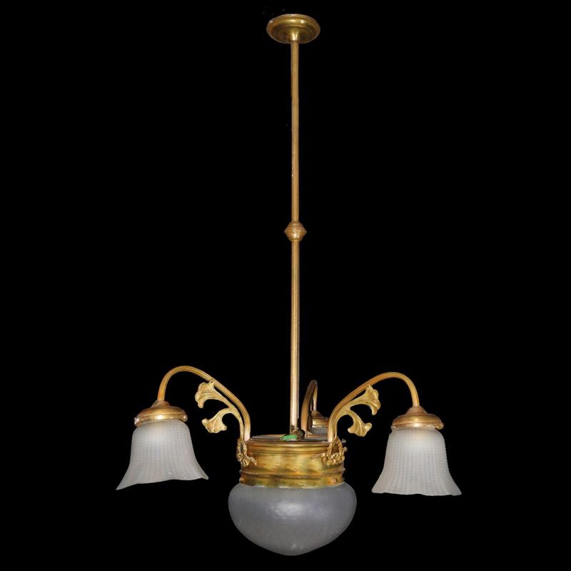 Lampadario a Tre Bracci con Vetri a Campanula e Coppa Centrale