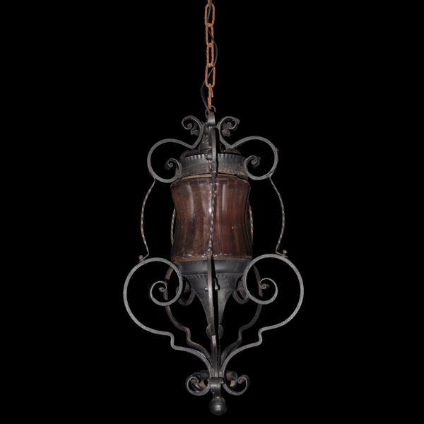 Four-light chandelier, three arms with pine cone glass.