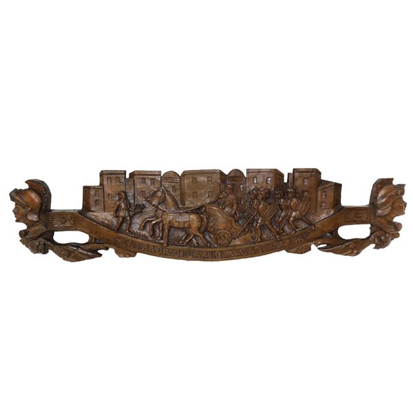 Wooden cart key depicting Charlemagne's entry into Paris