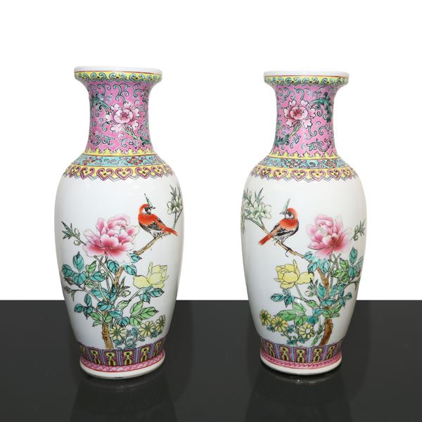 Pair of polychrome Chinese vases with birds