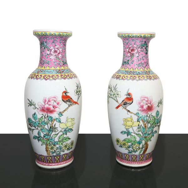 Pair of Chinese Polychrome Vases with Birds