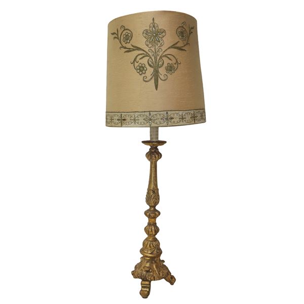 Golden wooden candlestick, electrified and adapted as a lamp, with lampshade