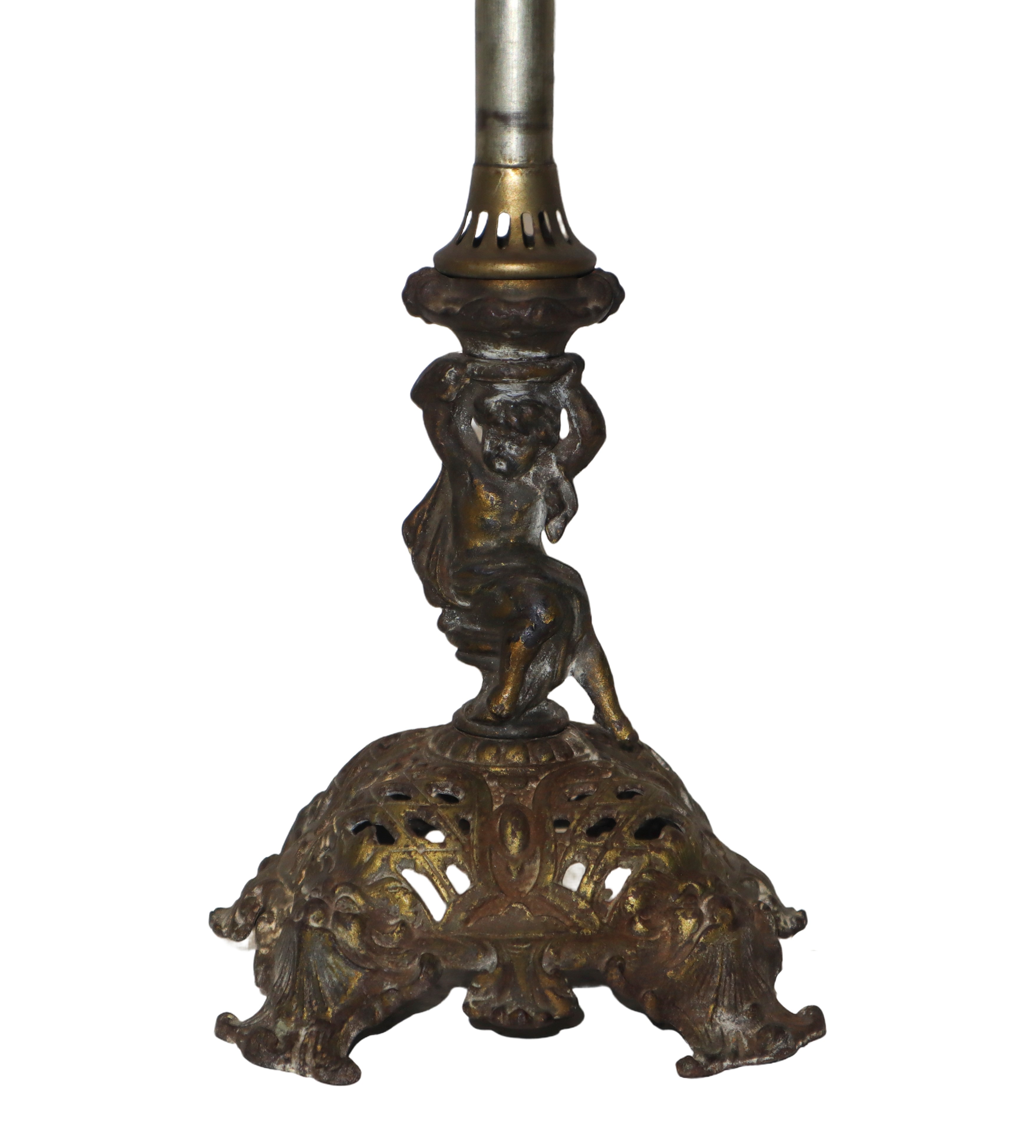 Lume a petrolio in ottone dorato con putto