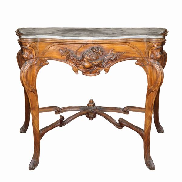 Liberty console in walnut wood, gray bardiglio marble on the top