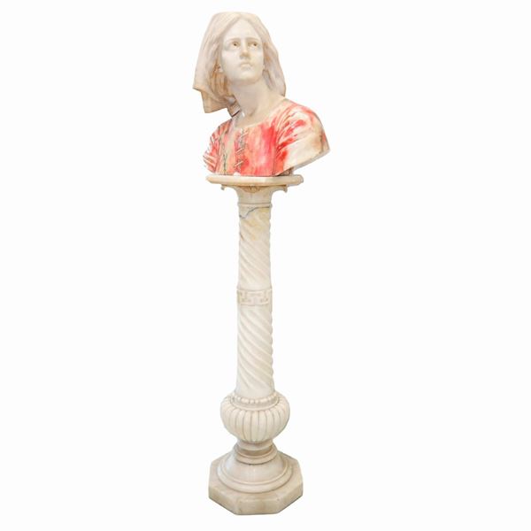 Joan of Arc, polychrome half-length in alabaster with alabaster column support
